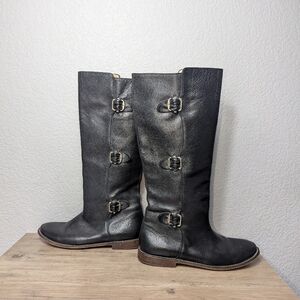 Frye PAIGE 77066 Black Leather Boot Tall High Pull-On Riding Buckle 7 B Used